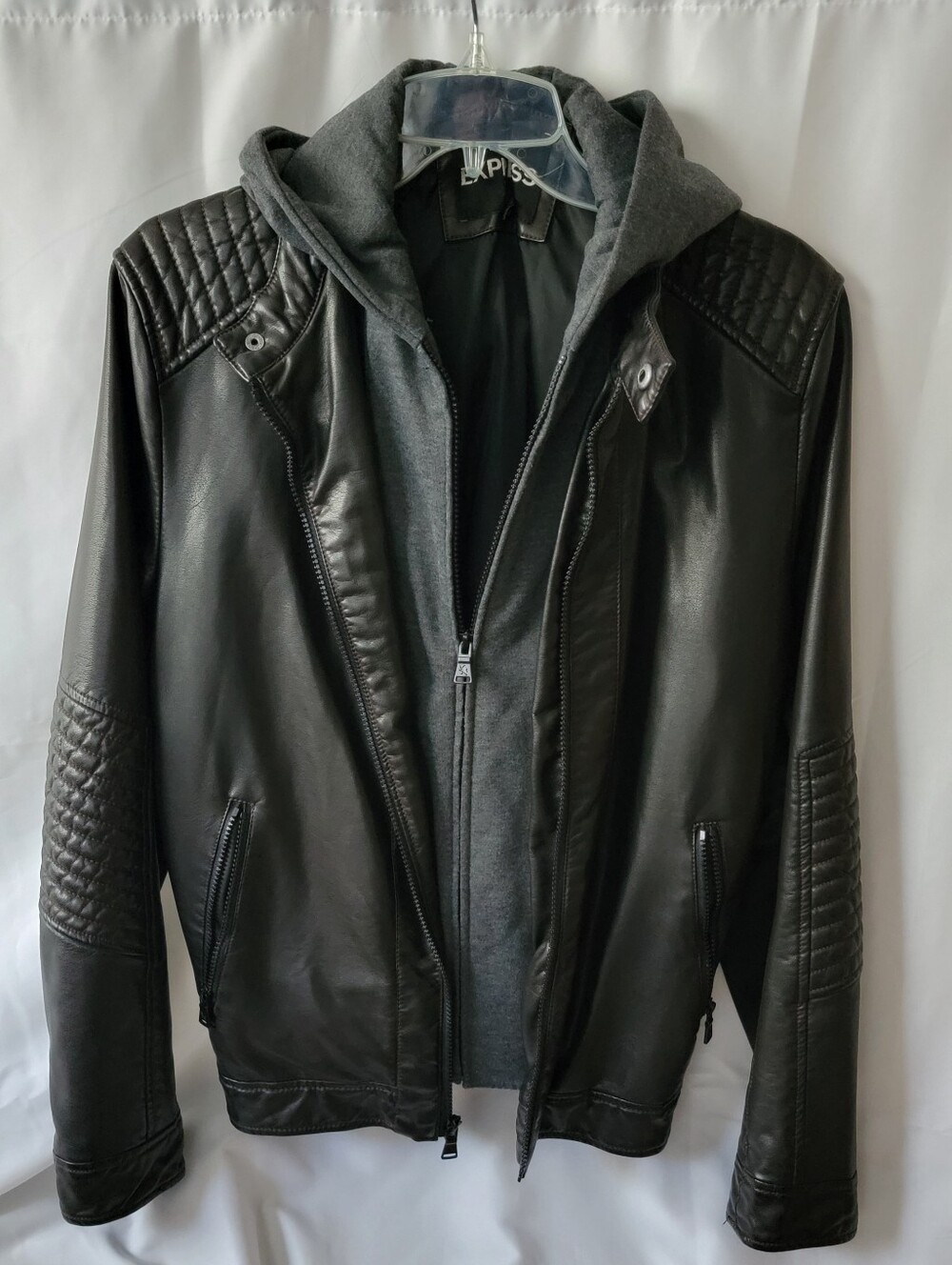 Express Dark Brown Quilted Vegan-Leather Bomber Jacket With Detachable Hood